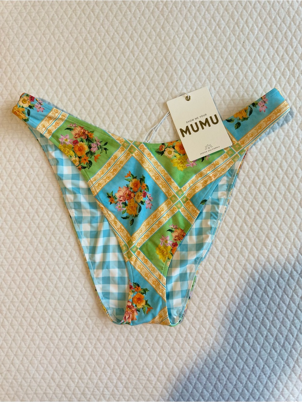 Show me Your MUMU Floral & Gingham Bikini Bottom - Aqua Green